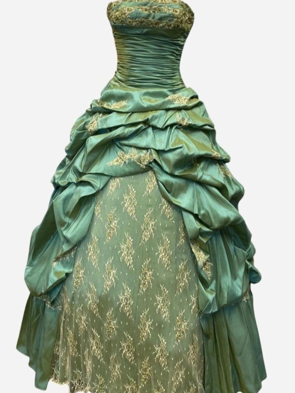 Strapless Green Prom Ball Gown with Gold Lace Accents